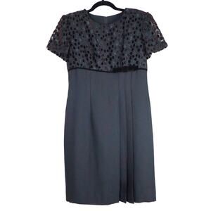 Vintage 90s Black Sheath Dress Pleated Burnout Velvet Bow Polka Dots 8P Retro